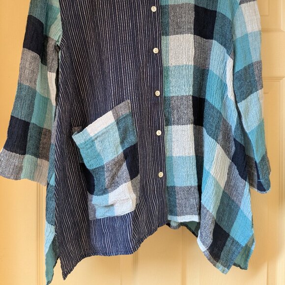 Liv by Habitat Yin Yang Shirt Womens Small Linen Blue Plaid Button Up Lagenlook - Picture 2 of 8